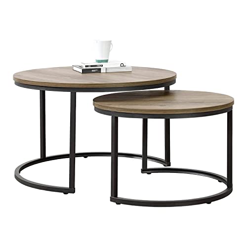 [en.casa] Couchtisch Christchurch 2er Set Wohnzimmertisch rund Holzoptik dunkel Satztisch Beistelltisch Metallgestell Kaffeetisch