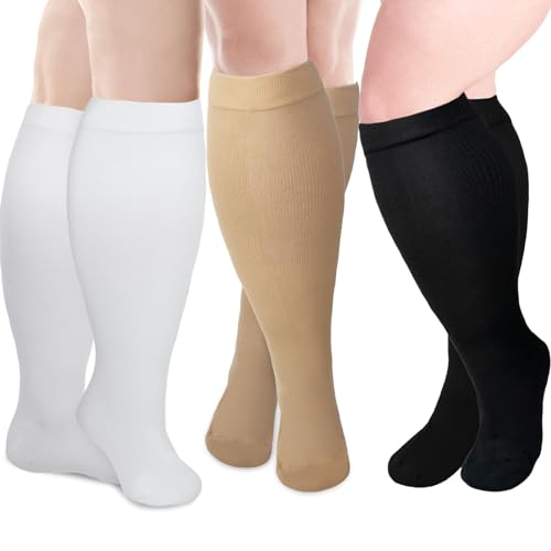 LEOSTEP 2XL-5XL Plus Size Kompressionssocken in Übergröße für Männer und Frauen, breite Waden (3 Paar), Durchblutung und Erholung, Steigerung der Ausdauer, Wandern, Reisesocken 20–30 mmHg