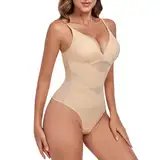 Tuopuda Shapewear Damen Bauchweg Body Shaper, Stringbody mit BH Bodysuit Women Formender Body Sculpting Shaping Top V-Ausschnitt Jumpsuit Figurformender Tanga Thong, Beige, L