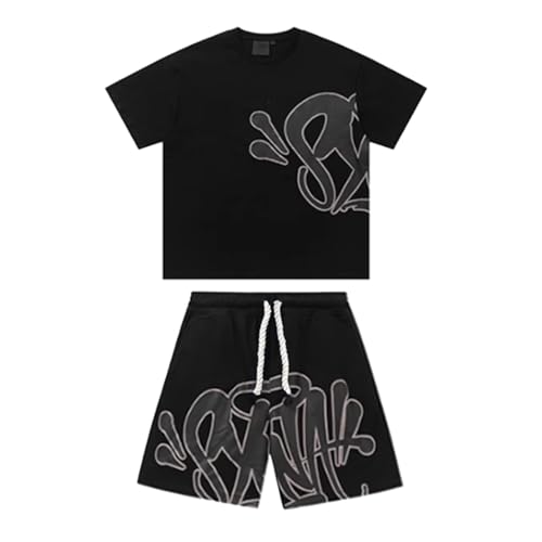 Sommer Outfit Herren Syna World T-Shirt und Shorts Set 2 Teiliges Sommer Trainingsanzug Jogginganzug Kurzarm Y2K Hip Hop T Shirts mit Buchstabendruck Trainingsanzug Jogginganzug Männer Loungewear