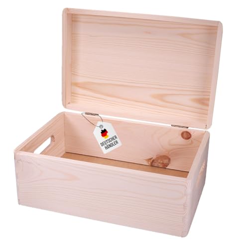 Holzkiste mit Deckel – Aufbewahrungsbox Holz Natur – Personalisierbare Holztruhe – Geschenkbox & Schatztruhe – DIY Holzbox zum Bemalen, Gravieren – 30x20x13,5 cm – Nachhaltiges Kiefernholz