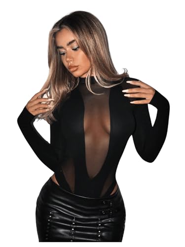 GORGLITTER Damen Stehkragen Body Mesh Bodysuit Langarm Bodies Transparentes Nets Oberteil Overall Bodys Schwarz M