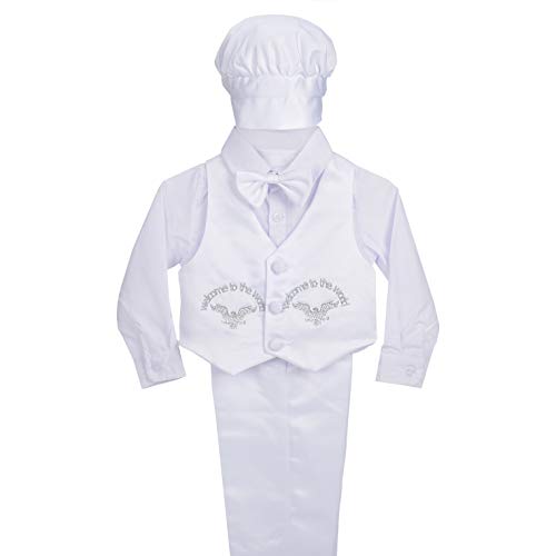 Lito Angels Taufkleidung Taufanzug für Baby Jungen, 5 Teiliges Satin Taufe Weiss Anzug Set mit Taufhaube Hut, Langarm, Größe 6-9 Monate 74, Stil B