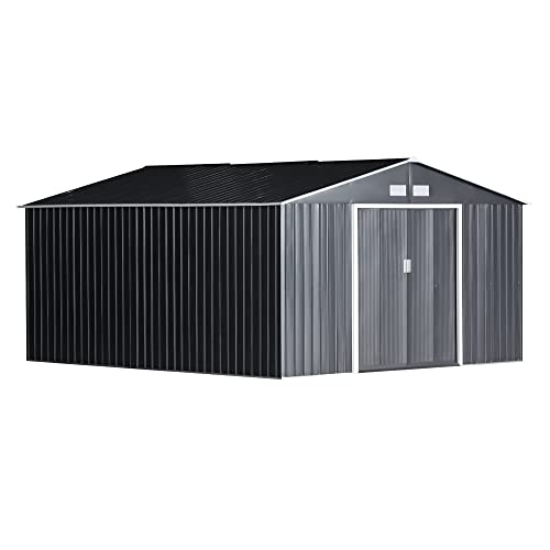 Outsunny Metall Gerätehaus 340x386x200cm 26,2m³ wetterfest Gartenhaus mit Fundament Satteldach Geräteschuppen mit Schiebetür Outdoor Schuppen Garten Schrank für Außenbereich, Kohlegrau