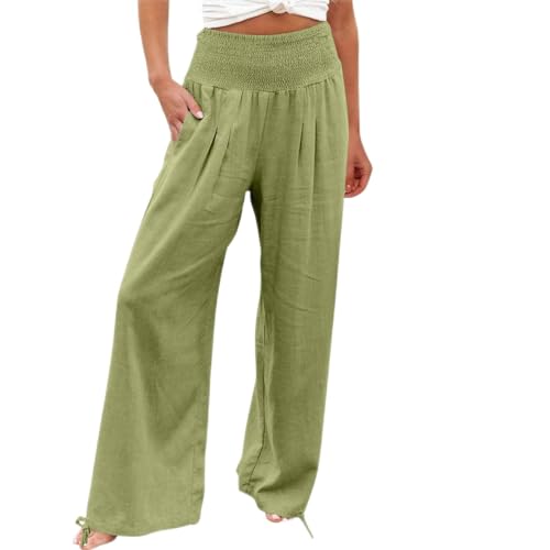 AACH The Deal Leinenhose für Damen Sommer mit hoher Taille Hosen Leichte Weite Hose Casual Stoffhose Bequem Einfarbig Sommerhose Strand lockere Lange Hose Leinen Boho