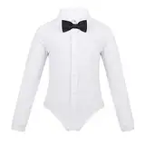 Yeahdor Kinder Jungen Hemdbody Latin Tanz Oberteil Bodys Smoking Shirt Langarm Gentleman Hemd Overall mit Schleife für Ballsaal Freizeit Weiß 152