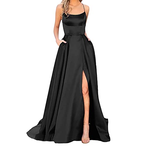 Damen Elegant Lange Abendkleider mit Taschen Satin A-Linie Backless Ballkleider Abschlusskleid Sexy Neckholder Brautjungfer Kleid
