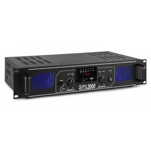 SkyTec SPL 2000MP3 PA Verstärker Endstufe 2000 Watt, mit 3-Band-Equalizer, 3 Kanal Input, Chinch, AUX, USB, SD ideal für DJ Boxen, Clubs, Bars und Gastronomie, Schwarz