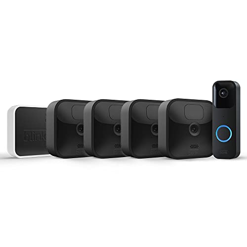 Blink Outdoor, witterungsbeständige HD-Überwachungskamera, 4 Kamera + Blink Videotürklingel (Video Doorbell), Zwei-Wege-Audio, HD-Video und Bewegungserfassung | funktioniert mit Alexa