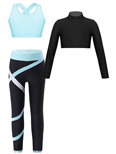 MSemis Kinder Mädchen Sport Outfits Langarm Sportshirt mit Ärmellos BH Top Und Leggings 3tlg Tanz Workout Gymnastik Sportkleidung Hellblau 158-164