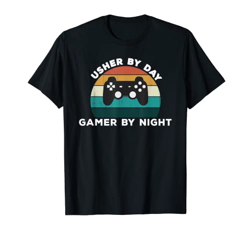 Funny Usher By Day Gamer By Night Service Videospiel-Liebhaber T-Shirt