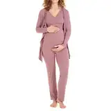 Herzmutter Stillpyjama-Set - 3-teilig - Umstands-Pyjama für Damen - Schwangerschafts-Wochenbett-Set - Hose-Top-Cardigan - 8100 (Altrose, M)