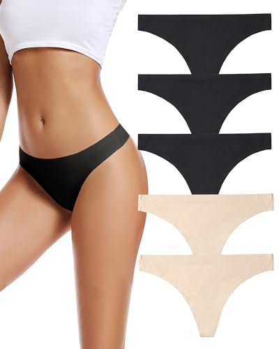 VOENXE Tanga String Damen Mehrpack,Nahtlose Unsichtbare Frauen Unterwäsche,Mehrfarbig No Show Seamless Atmungsaktiv Thong Slip 5er-Pack Set