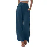 Nuoke Sommerhose Damen leicht, Damen Hose Leinenhose Baumwolle Leinen Stoffhose Freizeithose Sommerhose Pumphose Casual Einfarbig High Waist Stretch mit Taschen Kleidung Sommer Hosen, Dunkelblau 4XL