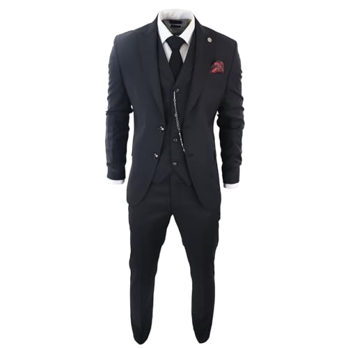 TruClothing.com Schwarz Klassisch 3-Teilig Herrenanzug mit Taschenkette Hochzeit Vintage Formell - schwarz 52