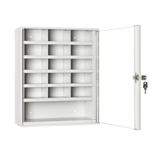 LEOMAR Schlüsselschrank, Schlüsselkasten, für Schlüssel & Kleine Dokumente, Schlüsselbox aus Stahlblech mit Glastüren, mit 16 Fächern, Organizer zur Wandbefestigung, Abschließbar, 14 x 35 x 45 cm