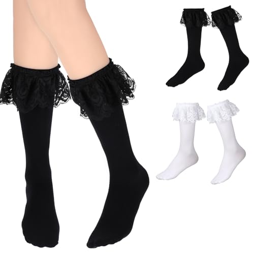 Abeillo 2 Paar Niedliche Spitze Rüsche Socken Mädchen,Japanische Süße Wade Socken Spitze Prinzessin Strümpfe, Kawaii Lolita Socken mit Rüschen für Mädchen (Schwarz/Weiß)