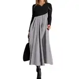 Maxikleider Damen Langarm Patchwork Plissee Kleider Damen Lang V Ausschnitt Elegant Herbstkleid Damen Maxi A-Linien Plisseekleid Frauen Farbblock Locker Kleid Frühling Zweifarbig Casual