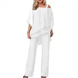 Damen Hosenanzug Elegant 2-Teiliges 3/4 Batwing Ärmel Unregelmäßiger Shirts + Hohe Taille Weites Bein Hose Zweiteiler Sets Hochzeit Festlich Abendanzug Einfarbig Freizeitanzug Outfit (Weiß, M)