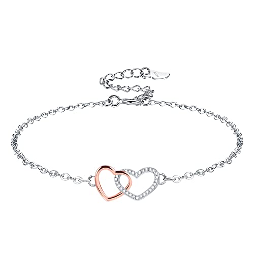 VANSZA Damen Liebe Herz Armband 925 Sterling Silber Freundschaft Zirkonia Armbänder Personalisierter Schmuck Geschenk Einstellbar für Frauen(Silber und Roségold)
