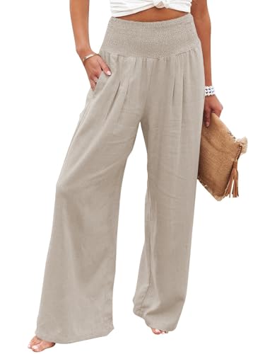 Imuedaen Leinenhose Damen Sommer Hose Casual Leinen Leicht Hosen Weites Bein Palazzo Freizeithose Hohe Taille Einfarbig Sommerhose Stoffhose mit Taschen (Khaki, L)