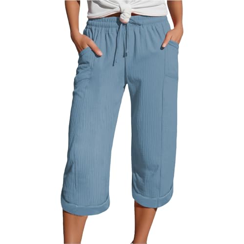NUOKE Kurze Hose Damen, Musselin Kurze Hose Damen 2025 Sommer Leinen Shorts Beach Hosen Sommerhose Leicht Stoffhose Kleid Leinenhose Bluse, hellblau XXL