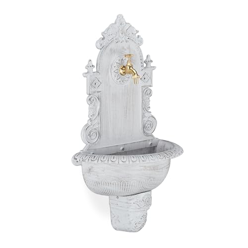Relaxdays XL Wandbrunnen antik, mit Wasserhahn, nostalgisch, Waschbecken Garten, Aluguss, HBT 75 x 44 x 22 cm, weiß