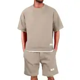 Generisch Waffle Trainingsanzug Herren Jogginganzug Sommer Kurz Freizeitanzug Kurzarm Tshirt + Kurze Jogginghose Sets 2 Teiliges Casual Sommeranzug Fitness Sportanzug Y2K Tracksuit für Männer