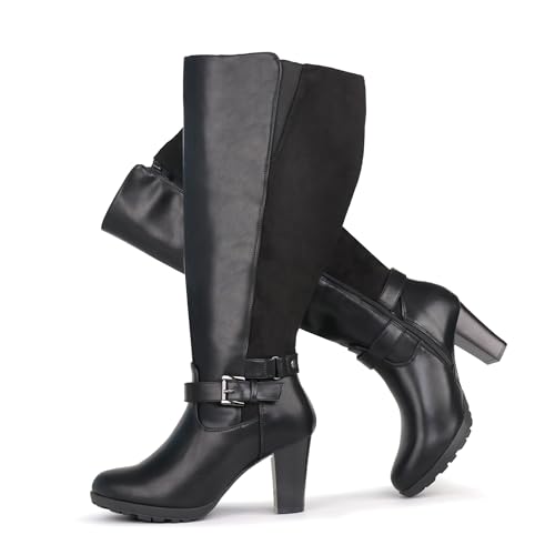 Chicblooms Damen-Stiefel in Übergröße, extra weiter Schaft, hoher Absatz, mit Knöchelschnalle, schwarzes Wildleder, EU 40