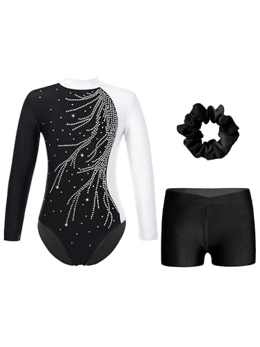 iiniim Mädchen Turnanzug Glitzer Gymnastikanzug mit Shorts Haarband Trikotanzug Langarm Gymnastik Leotard Wettbewerb Tanzkostüm Weiß&Schwarz 146-152