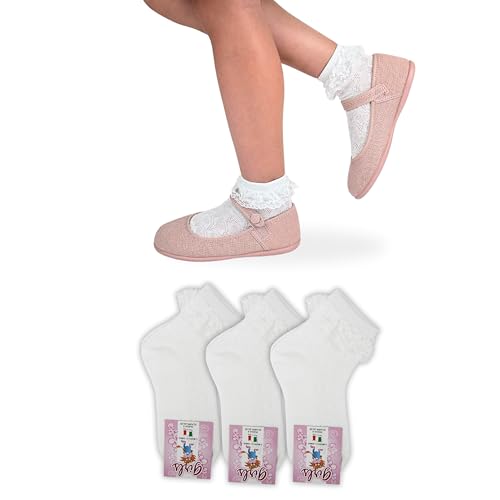 LEON D'ORO Socken für Mädchen, leichte Baumwolle, Sommer, 3 Paar, elegante Socken für Mädchen, hergestellt in Italien (DE/NL/SE/PL, Numerisch, 26, 29, Weiß)