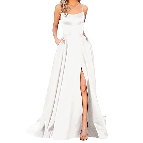 2025 - Ballkleider für Damen, lang, elegant, rückenfrei, lange Kleider, Crisn-Satin-Spaghetti-Party-Abschlussballkleid, Seitenschlitz, Hochzeits-Abend-Partykleid mit Taschen Kleid Damen (White, M)
