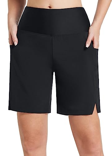 BALEAF Badeshorts Damen Lang Knielang Schnelltrocknend Badehose UV Schutz UPF 50+ Schwimmhose Hohe Taille Boardshorts mit Innenslip und Taschen Schwarz XL