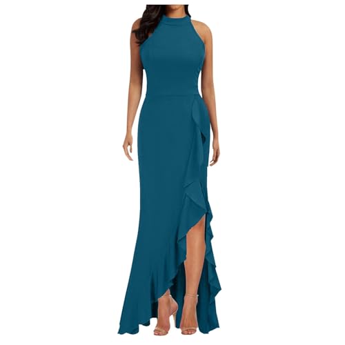 Generisch Schwarzes Langarm Kleid Damen Abendkleid mit Schlitz, ärmellos, schmale Passform, Rüschen, langes Kleid Kleid Sportlich Damen Winter (BU3, S)