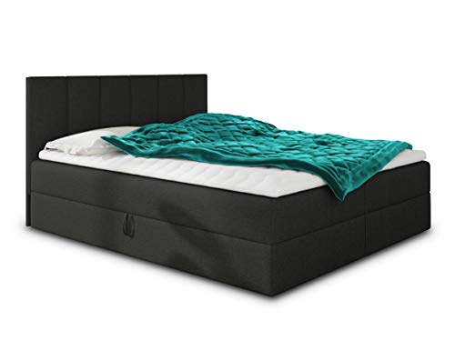 Boxspringbett Star mit Topper, Bonell-Matratze und 2 Bettkästen, Doppelbett, Polsterbett, Bett, Bettgestell, Stilvoll, Schlafzimmer, Velour oder Webstoff (Schwarz (Inari 100), 160 x 200 cm)