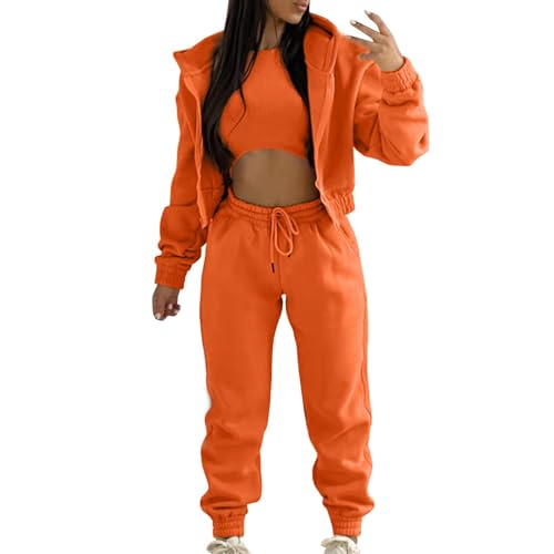 KBOPLEMQ 3 Stücke Damen Sportanzüge Jogginganzug Sport Sets Yoga Outfit Freizeitanzug Sportswear Langarm Kapuzenjacke + Crop Top + Jogginghose mit Taschen Trainingsanzug Damen Set Fitnessanzug