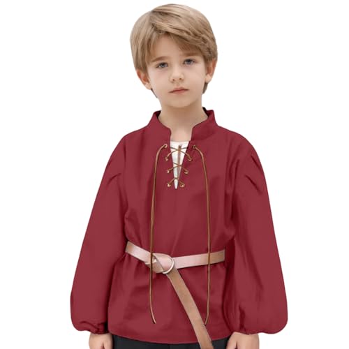 SUPTTING Jungen Mittelalter Hemd Schnürung Stehkragen Langarm Tunika Kostüm Ritter Oberteil Wikinger Shirt Renaissance Gürtel Fasching Karneval Cosplay Historisch Rollenspiel LARP