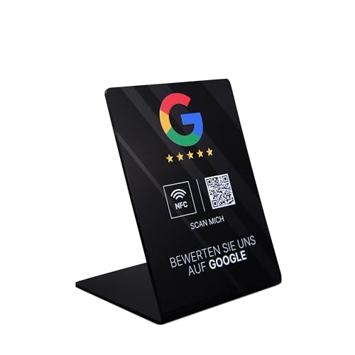 Google Bewertung NFC Aufsteller, Acryl, 110 x 150 mm, fertig eingerichtet, mit NFC und QR-Code für einfache Kundenbewertungen (Schwarz)