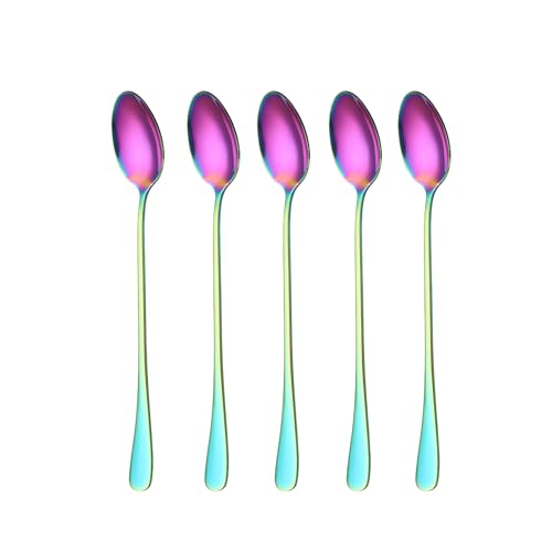 Edelstahl Löffel Set, 10-teilig, 19.5 cm Lange Griff Eislöffel lang Rührlöffel Ideal Spoon für Eistee, Dessert, Cocktail Milchshake Eisbecher Kühles Trinken (C-5PCS)