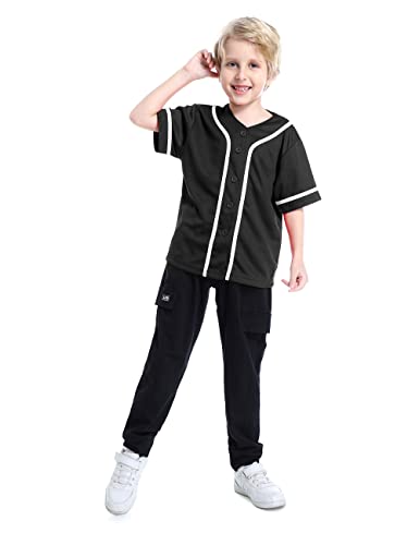 TopTie Jungen Baseball Trikot, Kinder Button-Down-Jersey T-Shirt Softball, schwarz / weiß, 10 Jahre