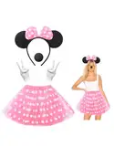 Clundoo Damen Maus Mouse Kostüm Tutu mit weiß Gepunktet + Haarreifen mit Maus Ohren + Handschuhe + Nase für Fasching Karneval Motto Cosplay Party, Rosa