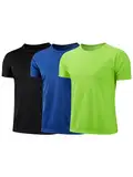 Fldy Kinder Jungen Sport T-Shirt 3er Set Schnelltrocknend Atmungsaktiv Sportshirt Kurzarm Teamsport Multisport Training Shirt Top Schwarz&Königsblau&Neongrün 140-146