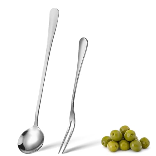 Kisstta 2 Stück Edelstahl-Olivenlöffel, Olivenlöffel Und Gurkengabel, Edelstahl Langer Griff Pick Jar Servierlöffel, Löffel Kochlöffe, Für Die Heimische Küche Restaurant Buffet olive Spoon