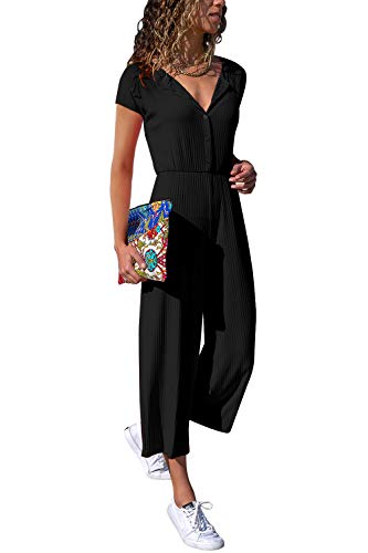 Cassiecy Jumpsuit Damen Elegant Kurzarm Playsuit V-Ausschnitt Casual Lose Overalls Lang Romper (L, Z-Schwarz)