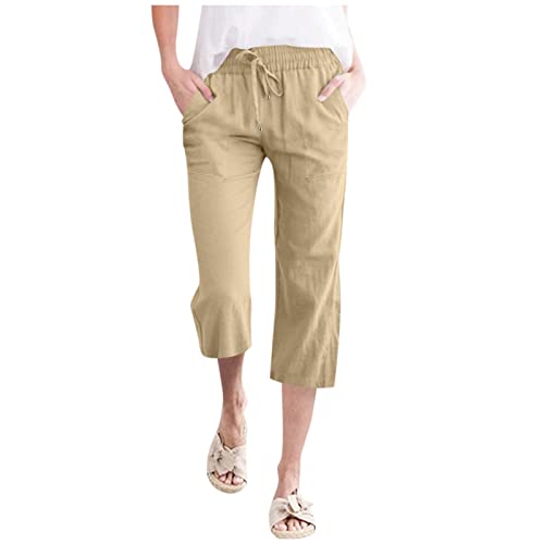 Capri Hosen Damen, Sommerhose Damen Kurz, 3/4 Hose Extradünn Luftig Laufhose Knielang Gummibund Strandhose Lose Leichte Chino Hosen Lässig Solid Activewear High Waist Strand