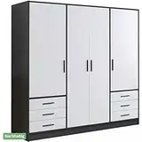 FORTE Jupiter Schrank 200 210, Kleiderschrank, Drehtürenschrank, 4-türig, mit 6 Schubladen und Einlegeböden, Schwarz Weiß, 206.5 cm breit x 60 cm tief x 200 cm hoch