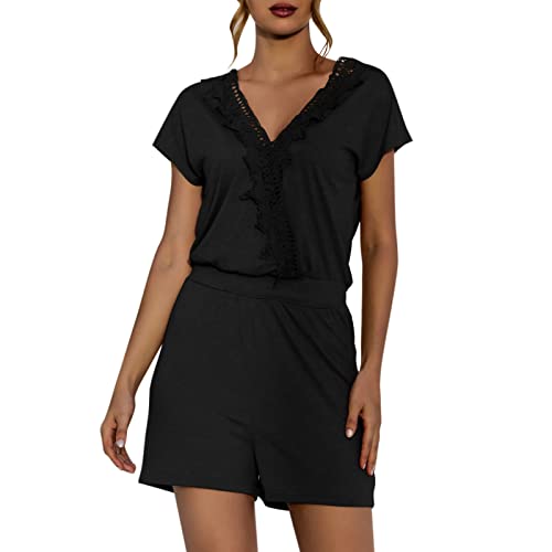 Frauen Sommer Sexy Kurzarm V-Ausschnitt Kreuz Spitze Patchwork Overall Pyjama Shorts Latex Dessous Sexy Shorts Damen Sport Set Shorts Damen Sommer Set Sommer Kurzarm Top Shorts Set für Damen Shorts