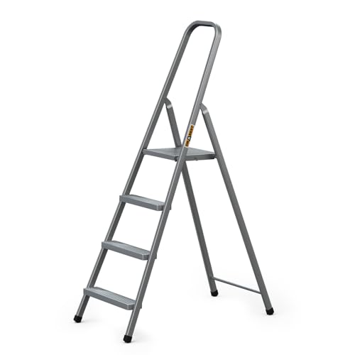 DRABEST - Stehleiter - mit 4 Stufen - bis 125 kg belastbar - 1,49 m lang - Arbeitshöhe 2,75 m - Trittleiter, Bockleiter aus Stahl pulverbeschichtet - für Haushalt, Malerarbeiten - Grau