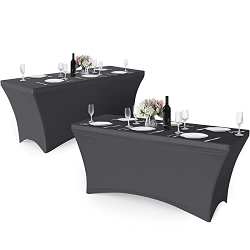 Granbest Pack von 2 Fitted 6FT Spandex Tischdecke Dehnen Rechteckige Tischdecke mit Hohem Elastik für Partei, Bankett, Hochzeitsereignis, Ausstellung, Freien (6ft,Dunkelgrau)