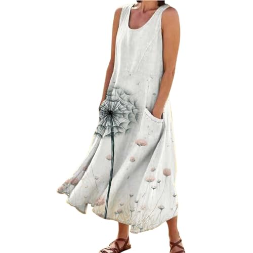 DeaAmyGline Leinenkleid Damen Sommer Lang Sommerkleid Leicht und Luftig Strandkleid Boho Kleid mit Taschen Löwenzahn Druck Tank Baumwolle Leinen Lange Kleider Freizeitkleid Maxikleid